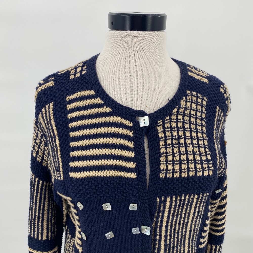Vintage Talbots Hand Knit Patchwork Cardigan Navy… - image 2